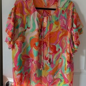 Cynthia Rowley Multicolor Ruffle-Sleeve Tie-Neck Blouse - Pink, Orange & Aqua